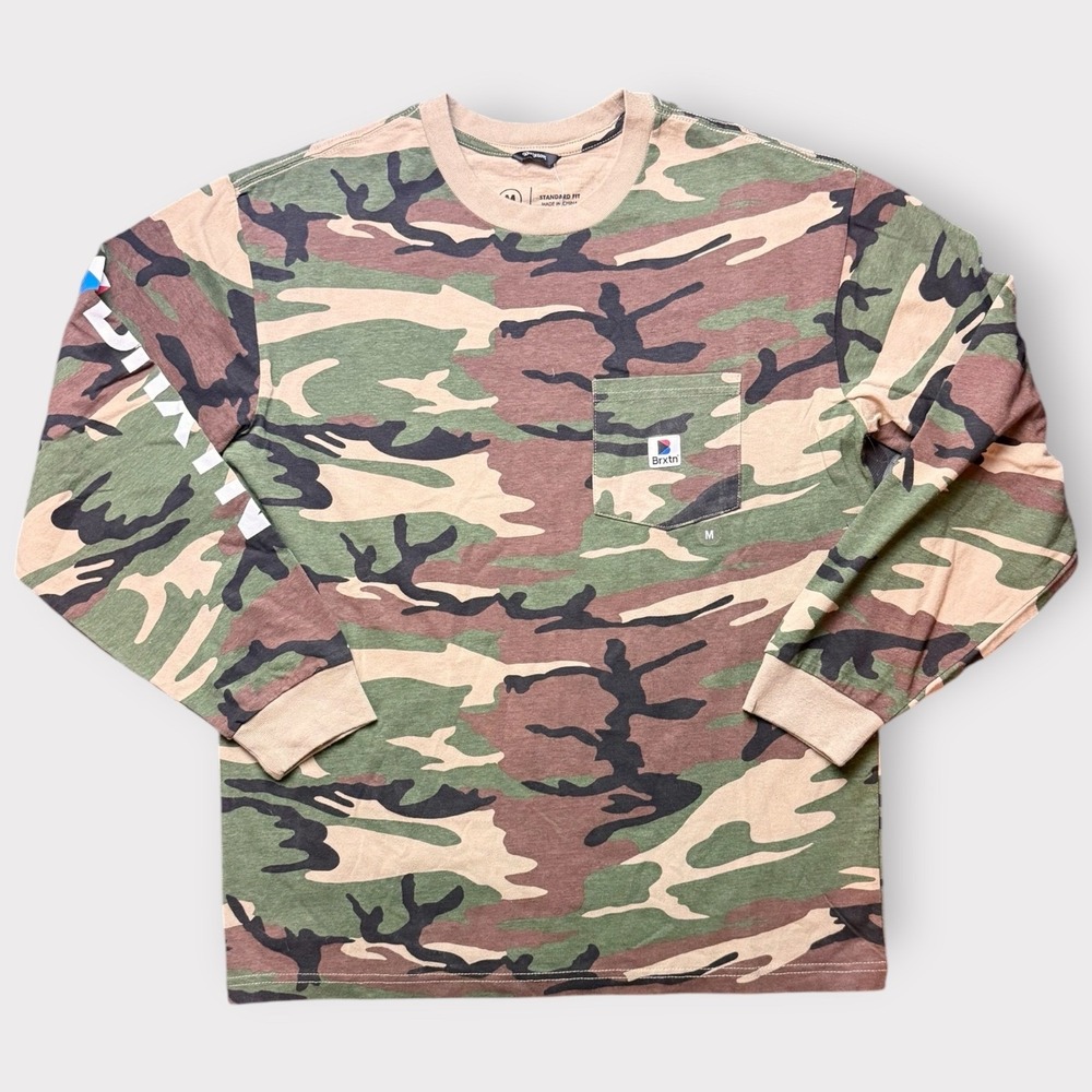 Brixton Mens Camo Long Sleeve Pocket T-Shirt Woodland Camouflage Logo Sleeve M